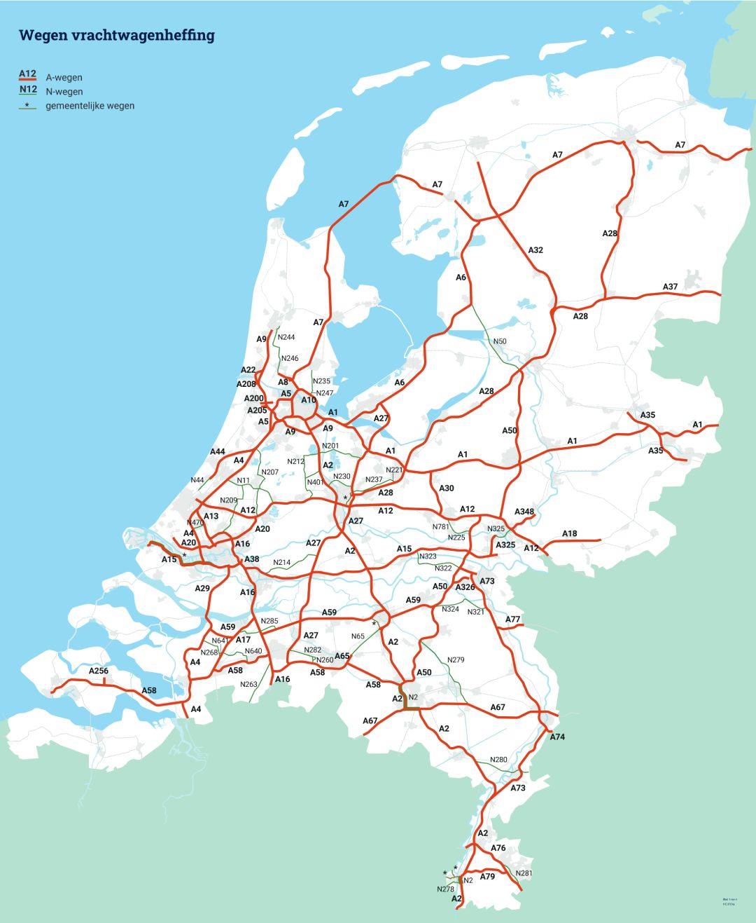 Afbeelding van de Nederlandse kaart met de wegen waar vrachtwagenheffing geldt.