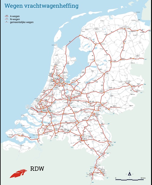 Afbeelding van de Nederlandse kaart met de wegen waar vrachtwagenheffing geldt.