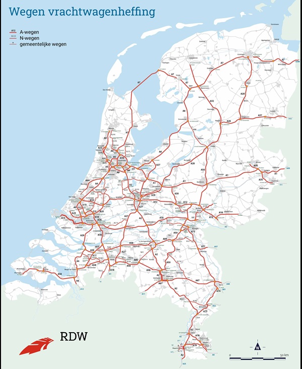 Afbeelding van de Nederlandse kaart met de wegen waar vrachtwagenheffing geldt.