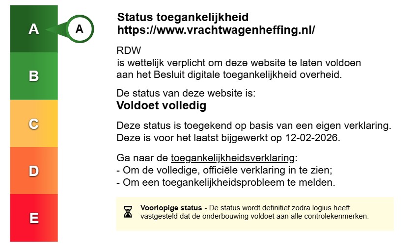 Status toegankelijkheidslabel van vrachtwagenheffing.nl (C-status). Volg de link voor de volledige toegankelijkheidsverklaring.