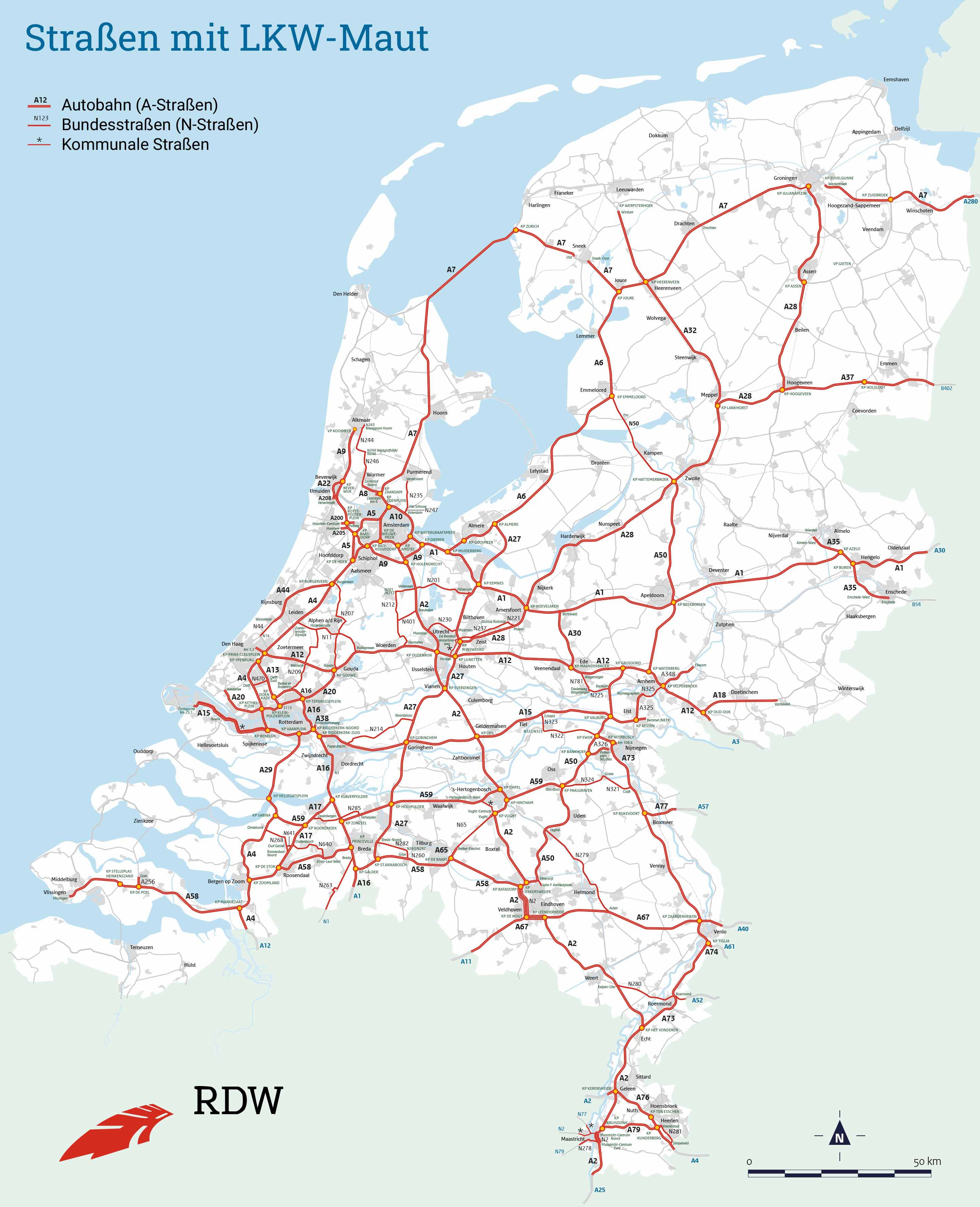 Bild der Karte der Niederlande, die die Straßen zeigt, auf denen Lkw-Maut gilt.