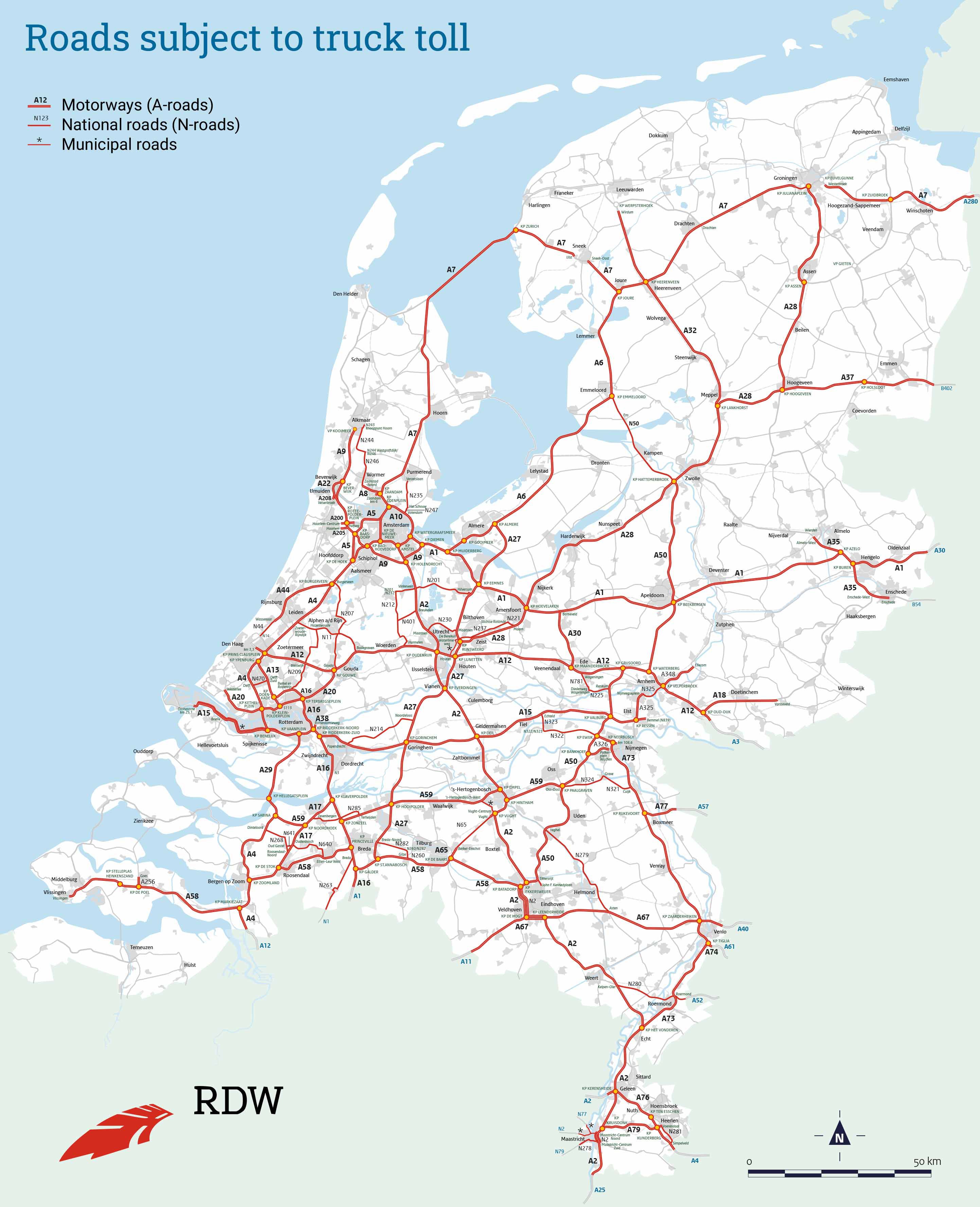 Image of the map of the Netherlands showing the roads subject to truck toll