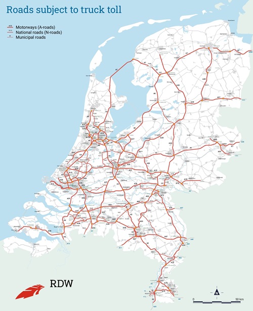 Image of the map of the Netherlands showing the roads subject to truck toll
