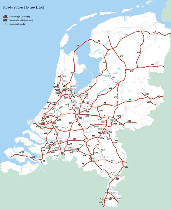 Image of the map of the Netherlands showing the roads subject to truck toll